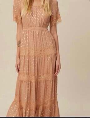 Listicle Boho Gold Polka Dot Chiffon Tiered Lace Maxi Dress